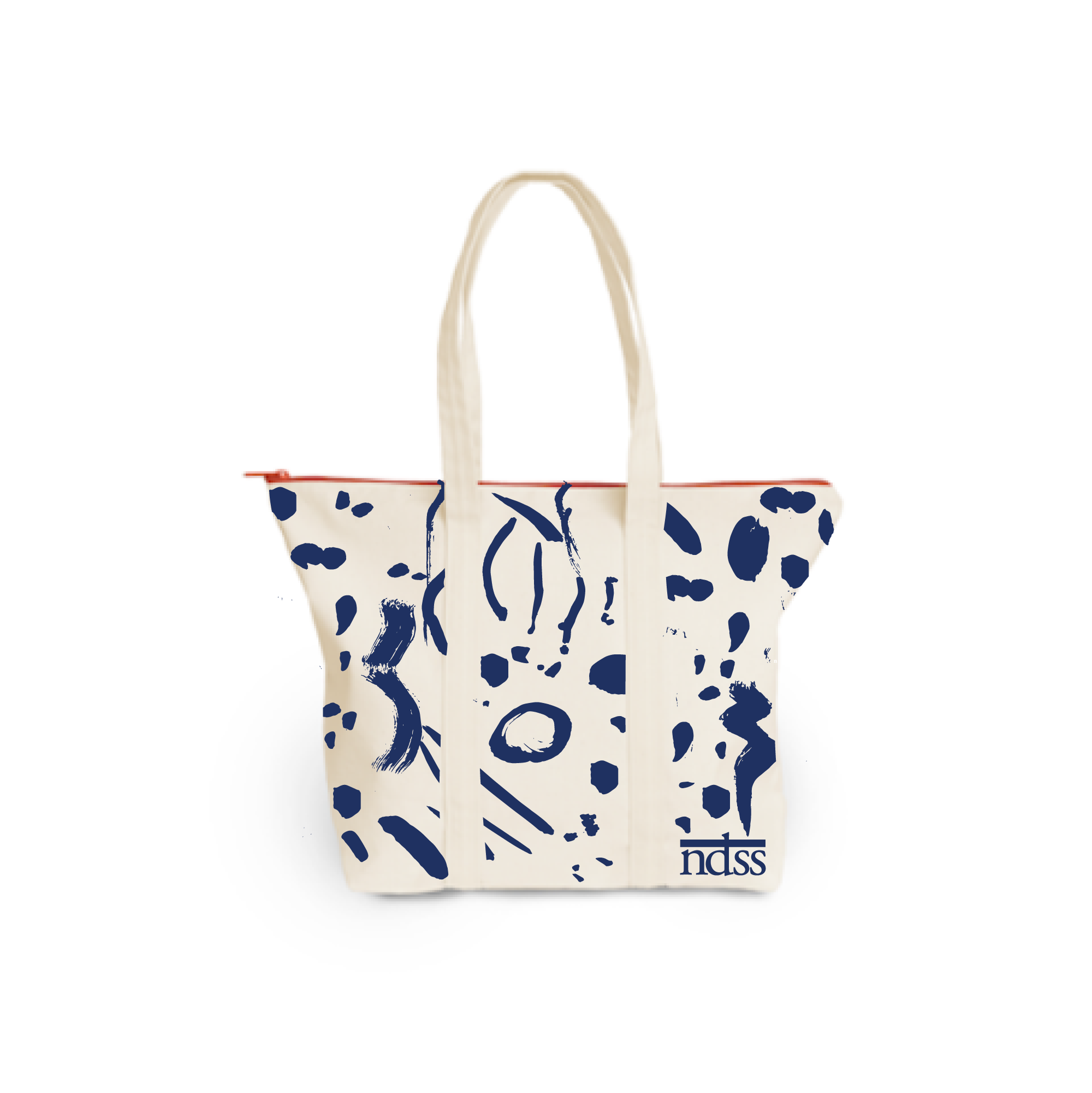 photo of canvas tote bag from Dance Happy Designs featuring the NDSS logo and blue paint splatter