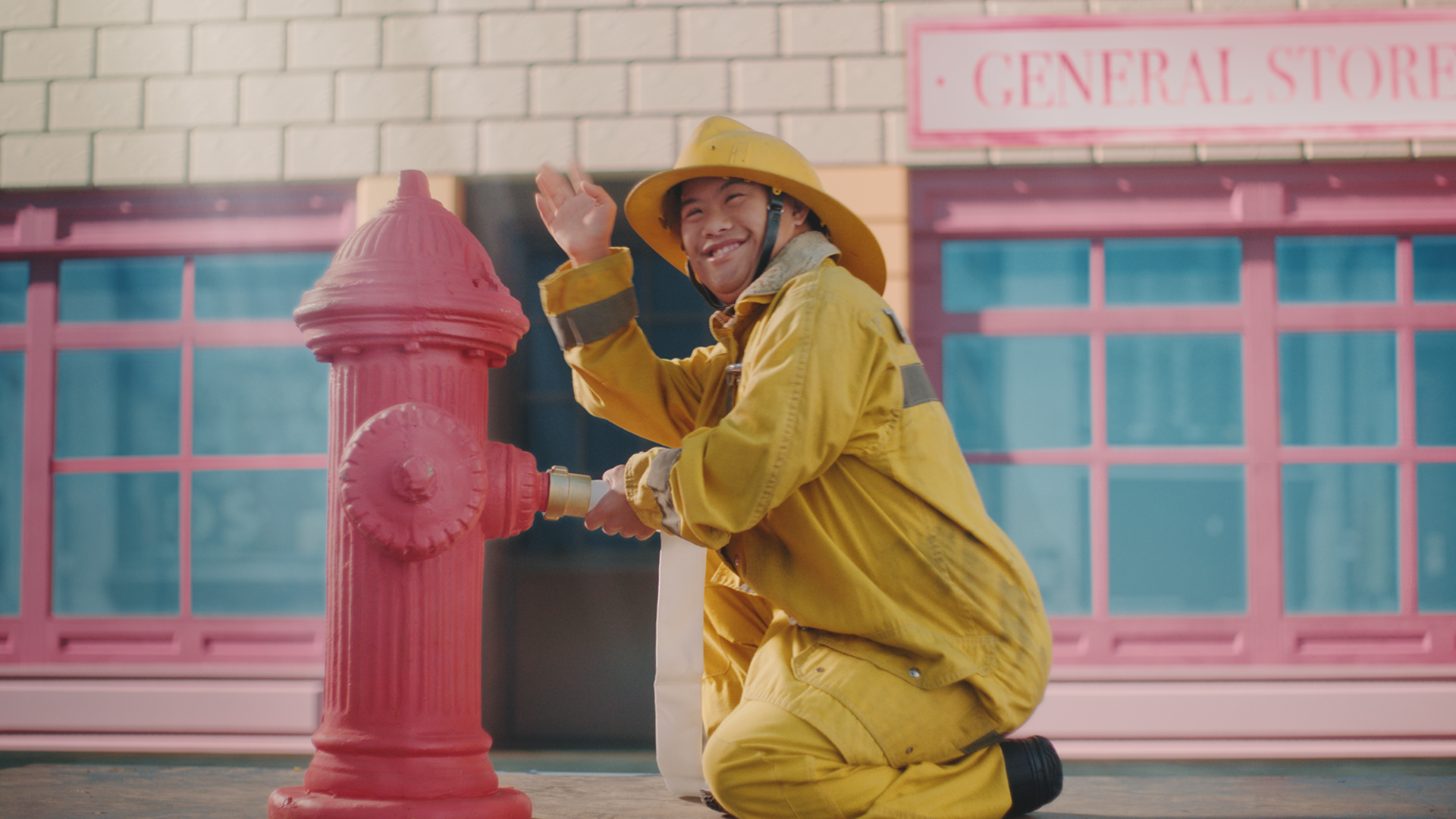 Man in firefighter gear next to fire hydrant