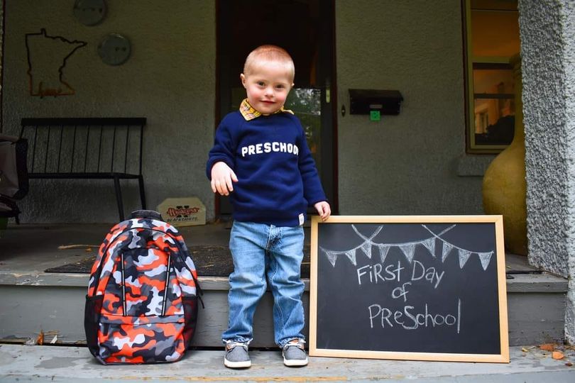 first day of preschool photo of toddler