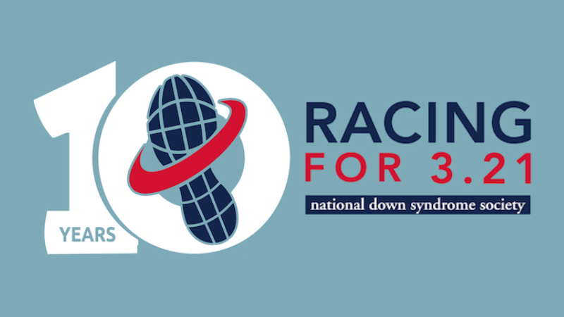 10 Years Racing for 3.21 National Down Syndrome Society logo. Image of a shoe that looks like a globe.