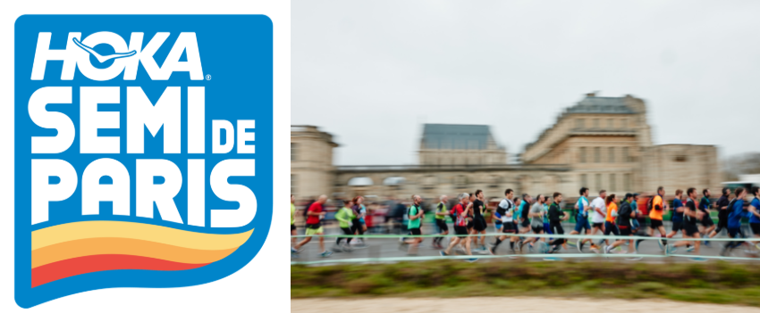 On the left, a blue logo shaped like a rounded shield with a white outline reads HOKA Semi de Paris in bold white letters, with a small white winged swoosh over the O in HOKA. A wavy band of yellow, orange, and red stripes runs along the bottom. On the right, a motion-blurred photo shows a crowd of runners in colorful shirts racing along a road past a large stone building under an overcast gray sky.