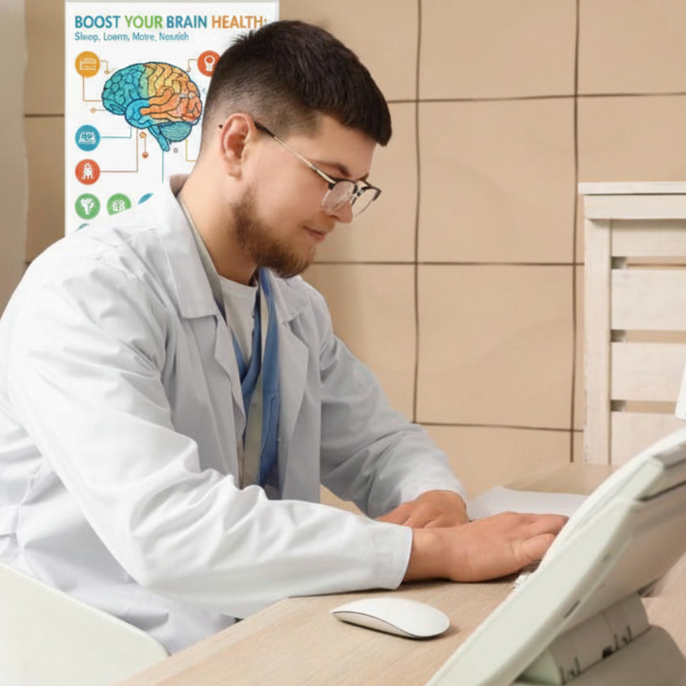 A young man with short brown hair, glasses, and a short beard is wearing a lab coat and sitting at a desk with a laptop in front of him. 