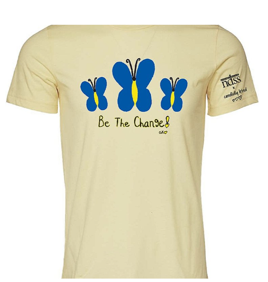 be the change tshirt ndss collaboration with candidly kind with butterflies in blue and yellow on it