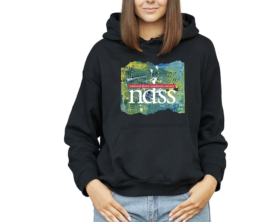 black NDSS sweatshirt with blue and yellow splatter paint created by individuals with Down syndrome