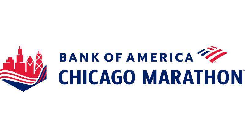 Bank of America logo. American flag graphic. Chicago Marathon logo. Cut out graphic of the Chicago skyscrapers and river.