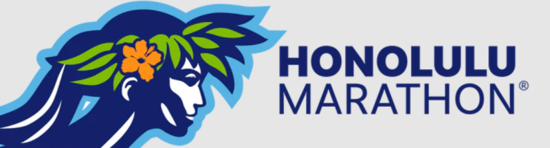 Honolulu Marathon logo with a graphic of a woman wearing a lei with an orange flower on her head.