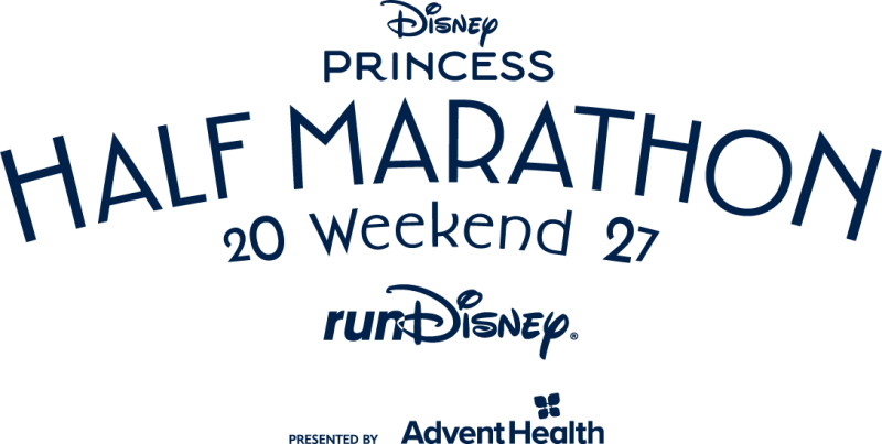 Logo for the 2027 Disney Princess Half Marathon Weekend, presented by AdventHealth. Text reads: "Disney Princess Half Marathon Weekend 27" in navy blue above the navy blue runDisney wordmark. The AdventHealth logo appears in navy blue at the bottom, accompanied by a "Presented by" label.