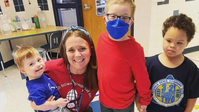 A teacher and students with Down syndrome