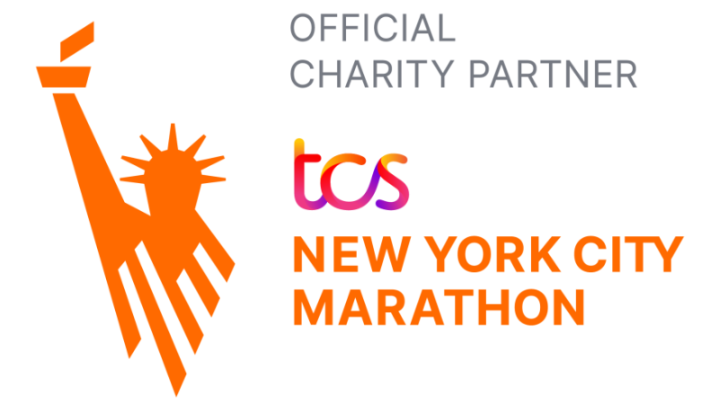 Official Charity Partner. tcs New York City Marathon logo. Image or statue of liberty drawn as orange