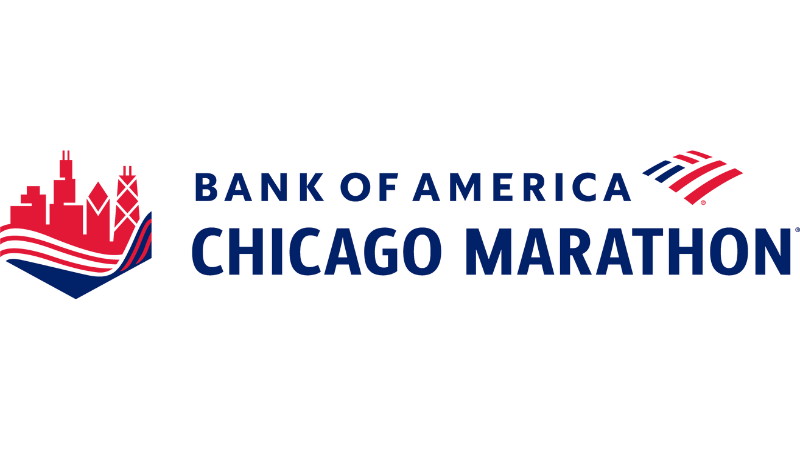 Bank of America logo. American flag graphic. Chicago Marathon logo. Cut out graphic of the Chicago skyscrapers and river.
