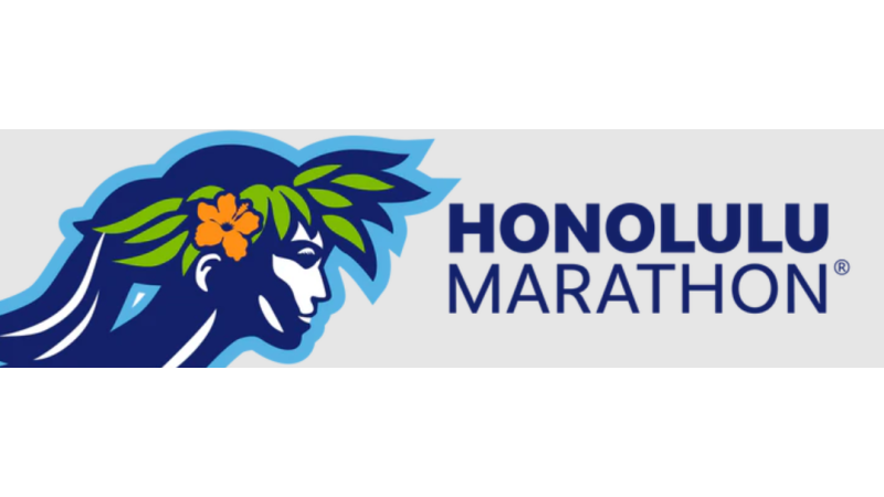 Honolulu Marathon logo with a graphic of a woman wearing a lei with an orange flower on her head.