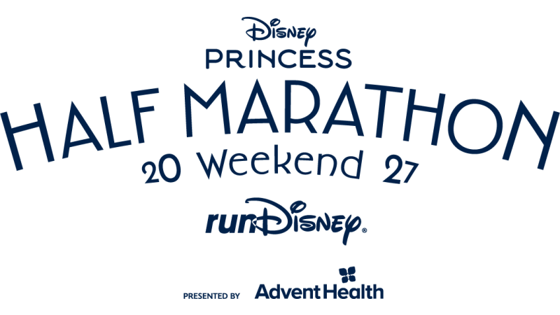 Logo for the 2027 Disney Princess Half Marathon Weekend, presented by AdventHealth. Text reads: "Disney Princess Half Marathon Weekend 27" in navy blue above the navy blue runDisney wordmark. The AdventHealth logo appears in navy blue at the bottom, accompanied by a "Presented by" label.