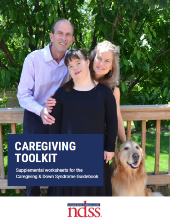 Image of a dad, mom, woman with Down syndrome, and a Golden Retriever. Caregiving Toolkit- Supplemental Worksheets for the Caregiving & Down Syndrome Guidebook