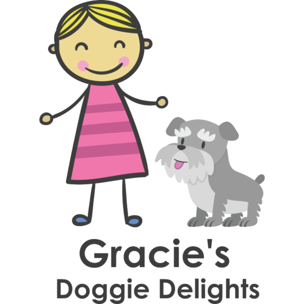 Gracie's Doggie Delights logo. Graphic of a girl in a pink dress with her pet Schnauzer.