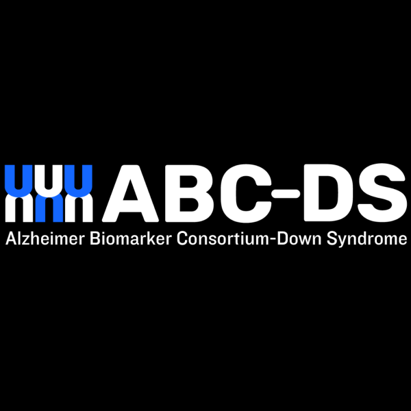 ABC-DS Alzheimer Biomarker Consortium-Down Syndrome logo. Graphic of 3 blue and white chromosomes