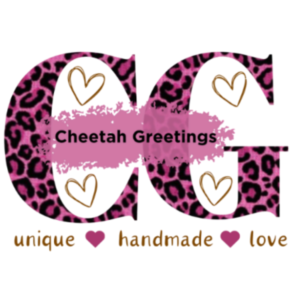 Cheetah Greetings logo. Unique, handmade, love. Graphic of a C and G in pink cheetah print with hearts