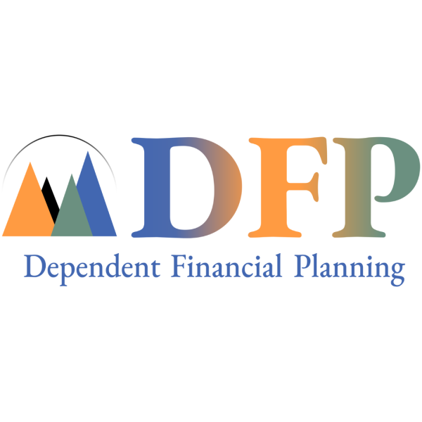 DFP logo. Dependent Financial Planning. Orange, green, blue, and black triangles with a half circle line over them, arranged to look like mountains at sunset