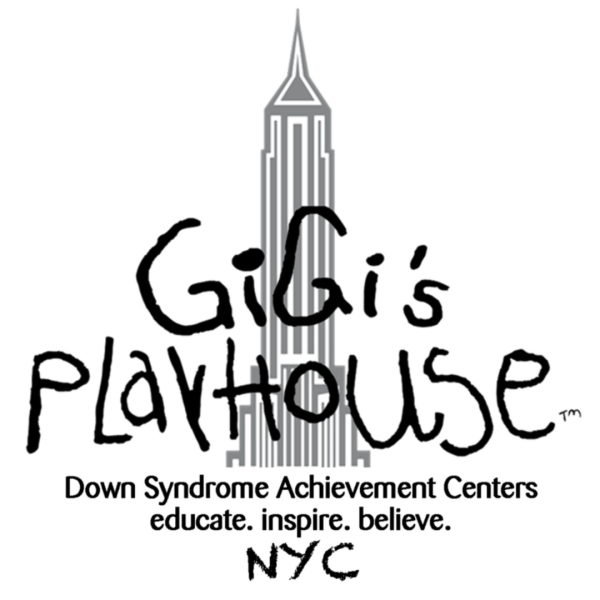 Gigi's Playhouse NYC logo. Silhouette of a skyscraper. Down Syndrome Achievement Centers. Educate, inspire, believe.