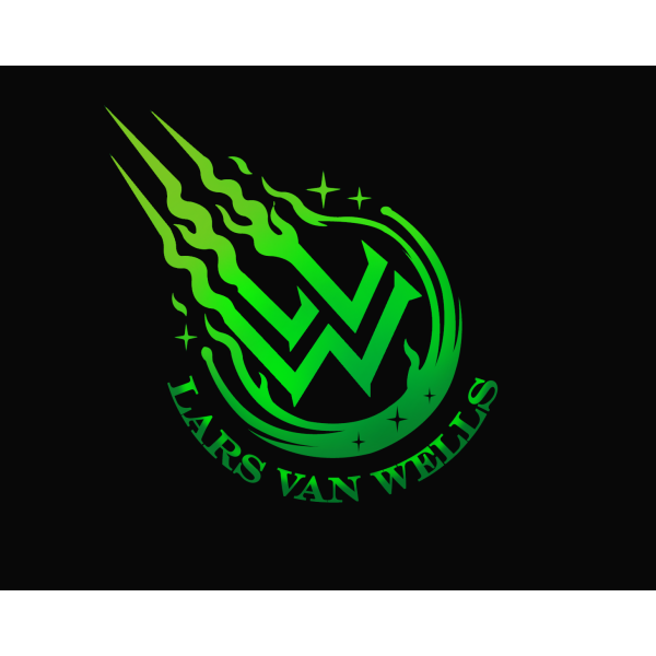 Lars Van Wells neon green logo on a black background