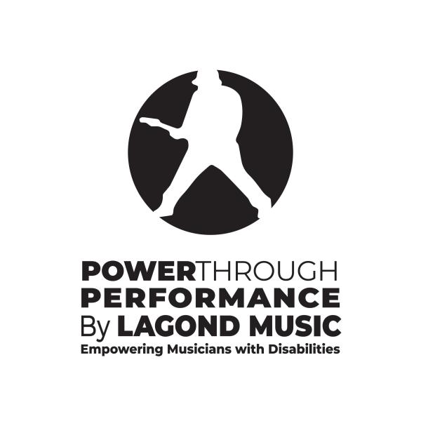 Image of a silhouette of a person with Down syndrome playing the guitar. Power Through Performance by Lagond Music. Empowering Musicians with Disabilities. 