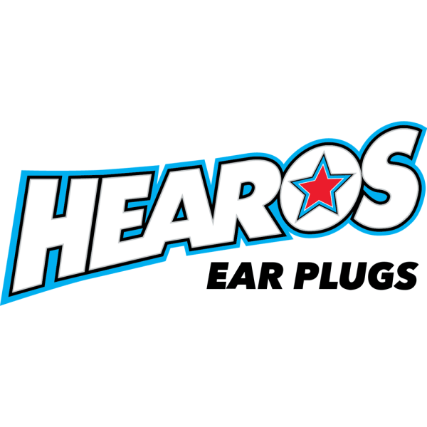 Hearos Ear Plugs logo. The o in Hearos has a red and blue star.