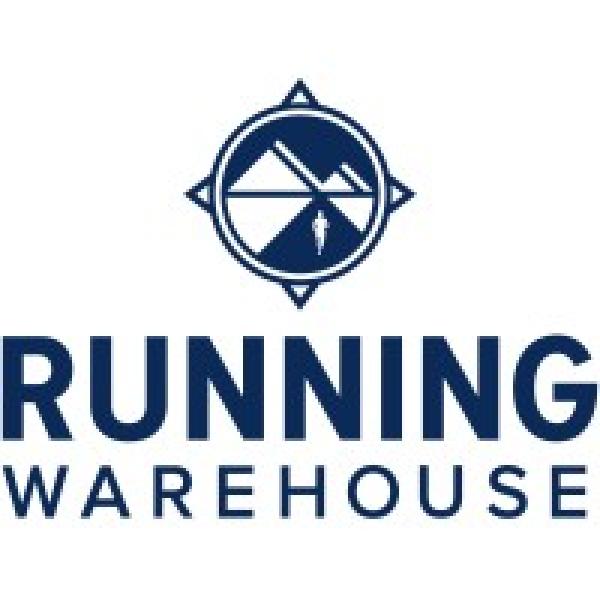 Running Warehouse logo. Graphic of a compass with mountains and a silhouette of a person.