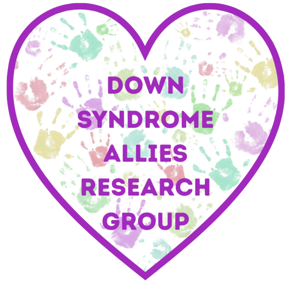 Down Syndrome Allies Research Group logo. Purple heart filled with purple text and handprints in light green, red, yellow, and purple