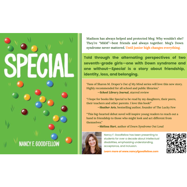 On the left, a book cover with a green background and title, Special, and author, Nancy F. Goodfellow. There a pictures of m&ms. On the right, there are book reviews, a headshot of Nancy, and in the bottom-righthand corner, a QR code