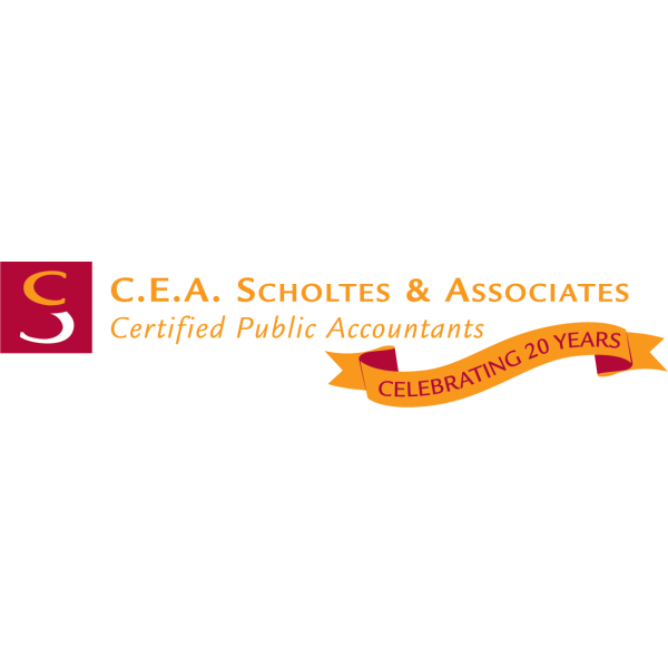 C.E.A. Scholtes & Associates logo. Certified Public Accountants. Celebrating 20 Years. Graphic with an orange and white "S" and red background.