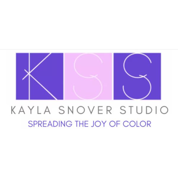 Kayla Snover Studio logo featuring three square color blocks — purple, pink, and dark purple — each containing a stylized letter "K," "S," and "S" in thin white lines. Below the blocks, the full name "Kayla Snover Studio" appears in gray lettering, with the tagline "Spreading the Joy of Color" in purple.