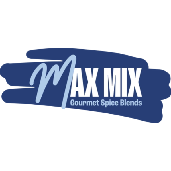 Max Mix logo. Gourmet Spice Blends. White and light blue text on a dark blue art sketch background