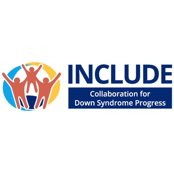 INCLUDE Collaboration for Down Syndrome Progress logo. Graphic of 3 red sillhouetes of people with a colorful circle in the background.