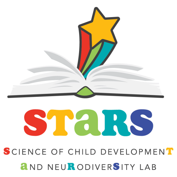 STARS logo. Science of Child Development and Neurodiversity Lab. Graphic of a shooting star coming out of an open book.