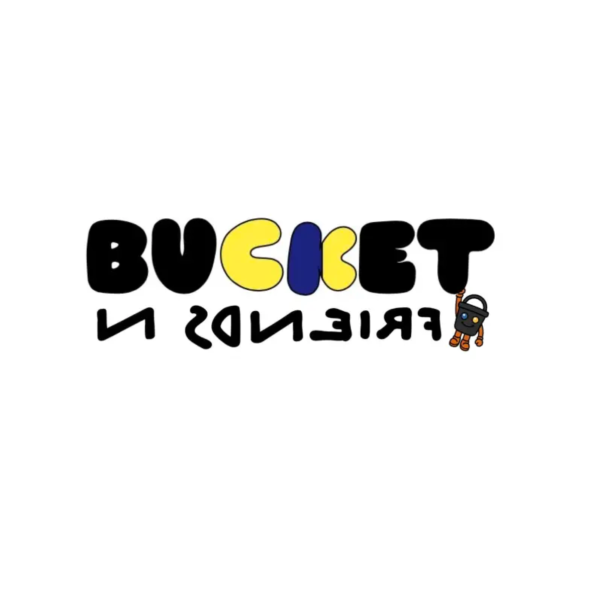 Bucket N Friends logo. Bucket is written in bubble letters. N Friends is written with backwards letters. A graphic of a bucket character hangs from the T in Bucket.