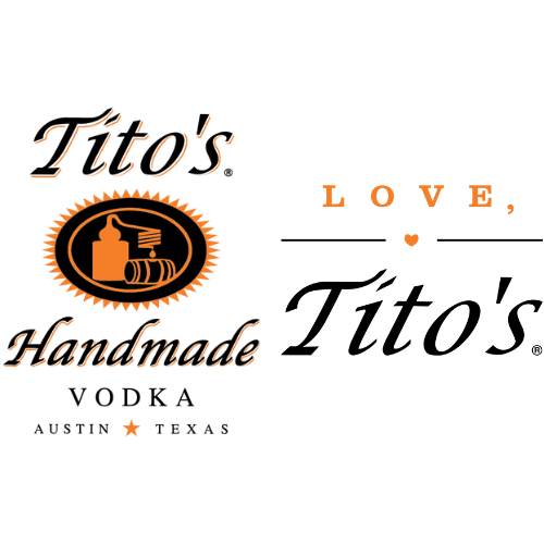 Titos Handmade Vodka logo. Austin Texas. Love Titos logo. Orange heart.