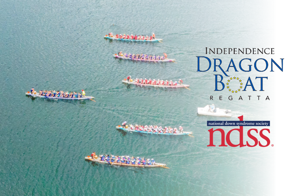 Image of teams racing dragon boats. Independence Regatta Dragon Boat logo. NDSS logo
