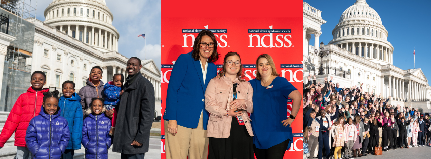 Groups of advocates pose in front of the US Capitol Building. NDSS Staff and an award winner with Down syndrome pose in front of a red Down syndrome sign