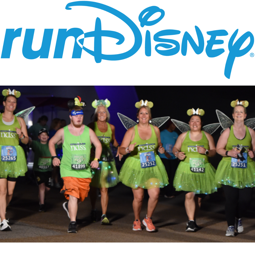 runDisney logo. Team NDSS runs in Disney World dressed in Tinkerbell costumes