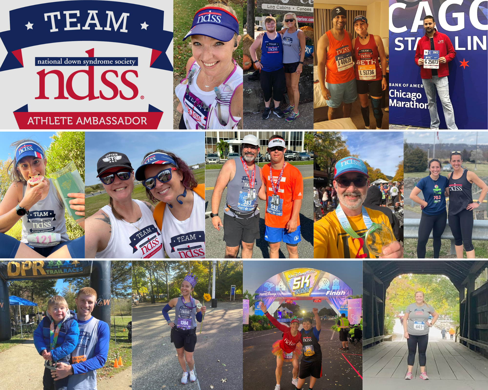 Collage of Team NDSS Athlete Ambassadors at races