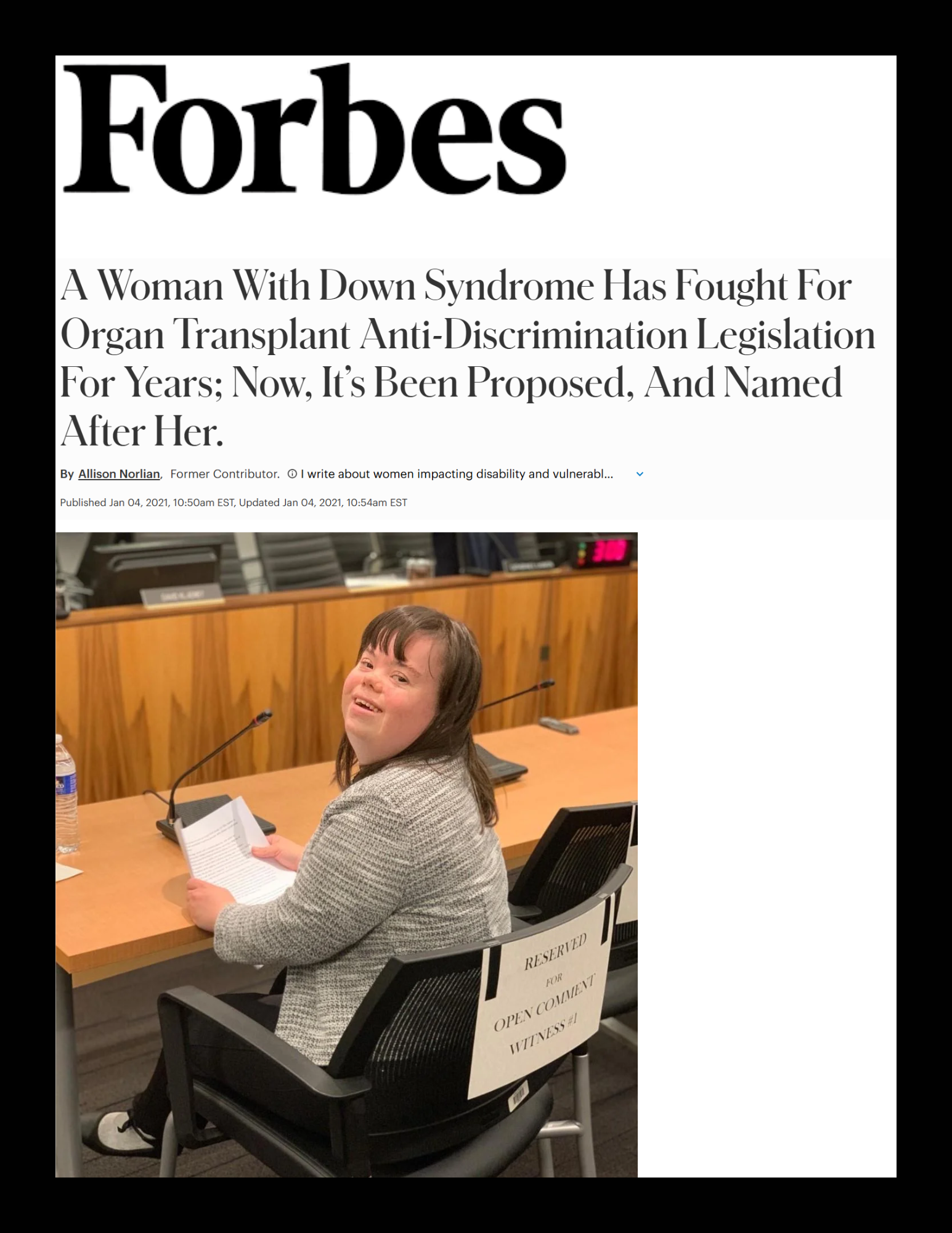 Forbes. A Woman with Down Syndrome Has Fought For Organ Transplant Anti-Discrimination Legislation For Years. Now It's Been Proposed, And Named After Her. Image of Charlotte Woodward, a woman with Down syndrome testifying.