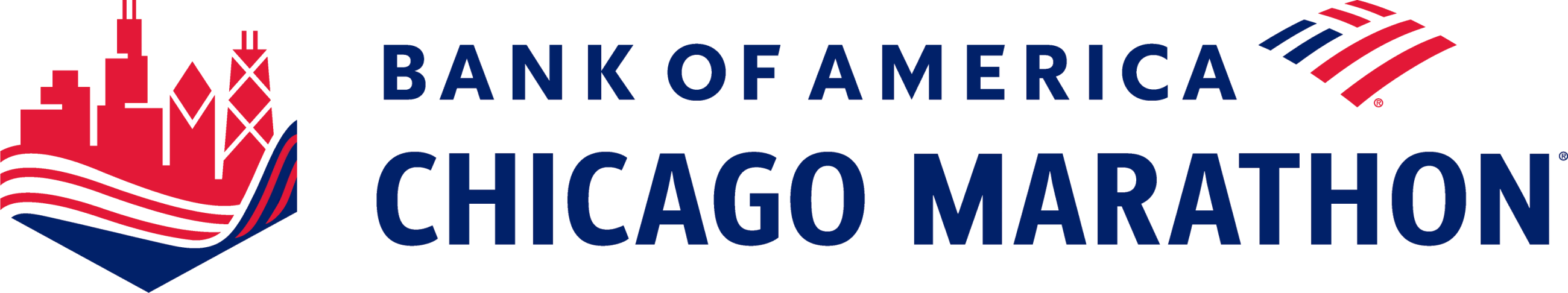 Bank of America logo. American flag graphic. Chicago Marathon logo. Cut out graphic of the Chicago skyscrapers and river.