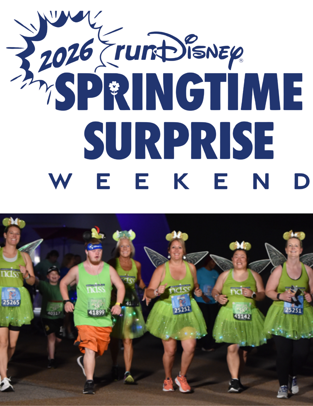 2026 runDisney Springtime Surprise Weekend logo and photo of NDSS runners dressed as Tinkerbell