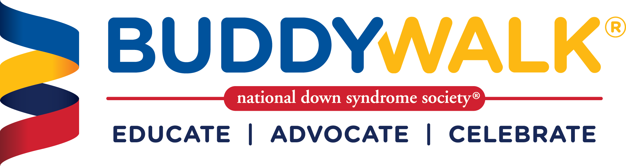 Buddy Walk logo. National Down Syndrome Society. Educate. Advocate. Celebrate
