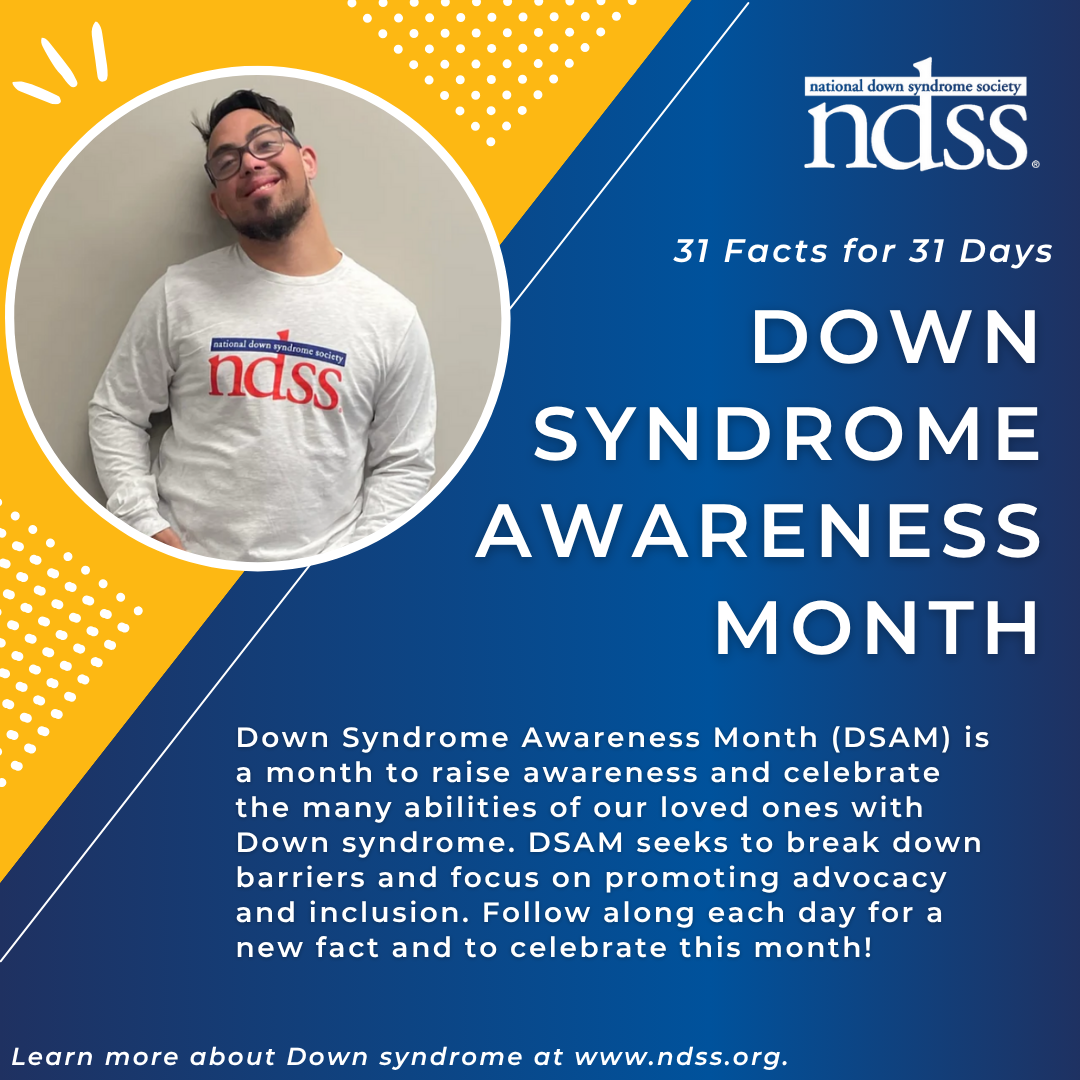 Down Syndrome Awareness Month Fact Cards. Image of Alex, a man with Down syndrome wearing an NDSS shirt