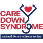 CARE Down Syndrome logo. National Down Syndrome Society. Stethoscope with a heart.