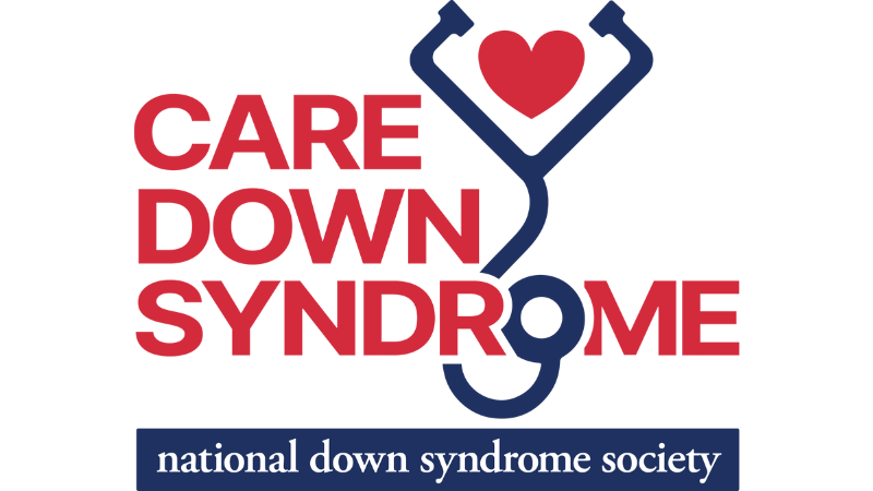 CARE Down Syndrome logo. National Down Syndrome Society. Stethoscope with a heart. 