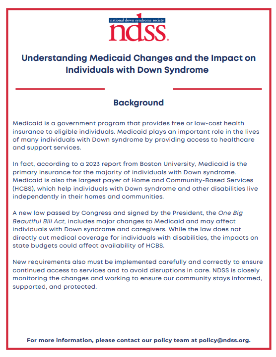 Image of an NDSS document. Understanding Medicaid Changes and the Impact on Individuals with Down syndrome
