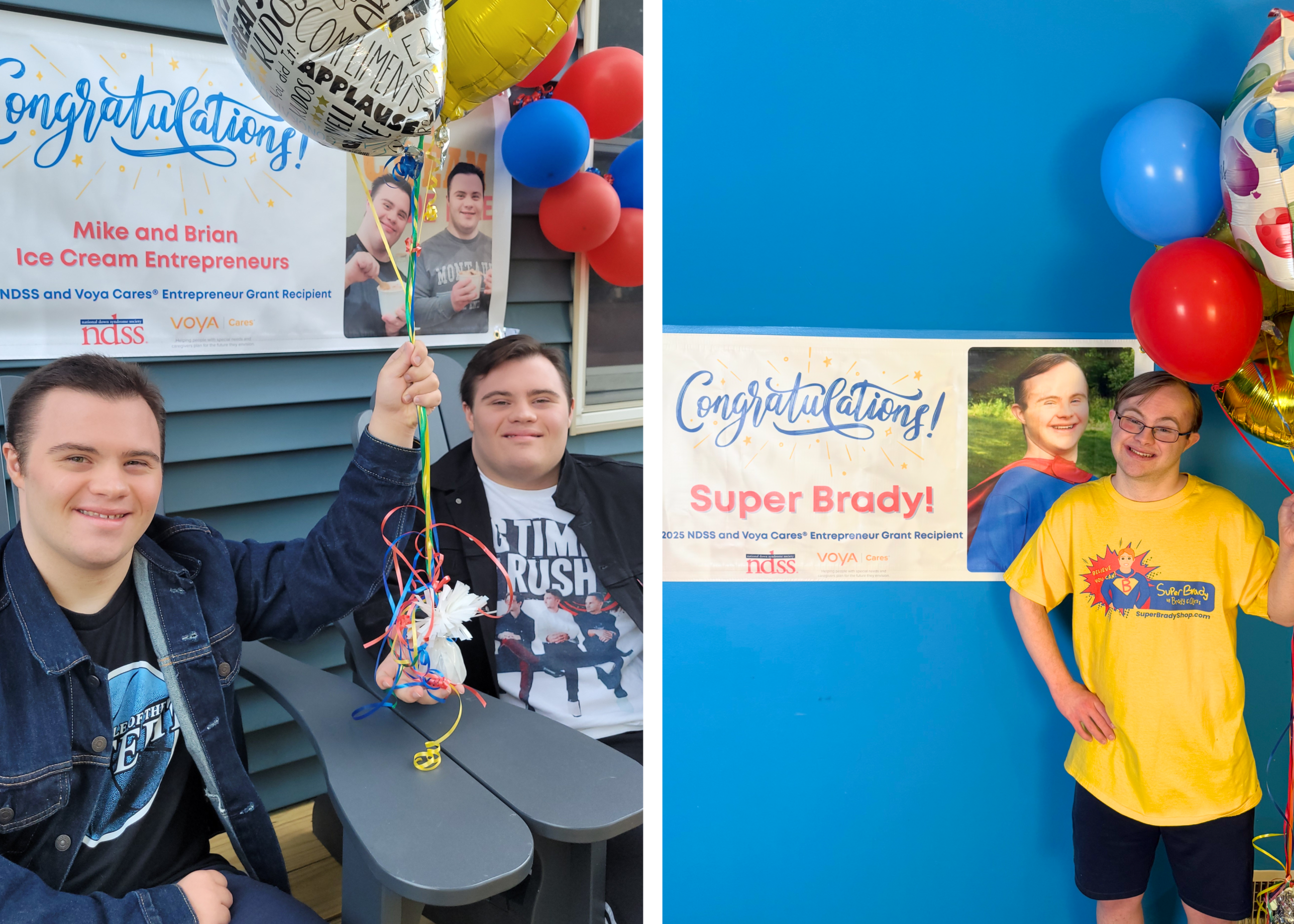 Mike and Brian and Brady, individuals with Down syndrome, celebrate their acceptance of the NDSS and Voya Cares 2025 grants with signs and balloons.