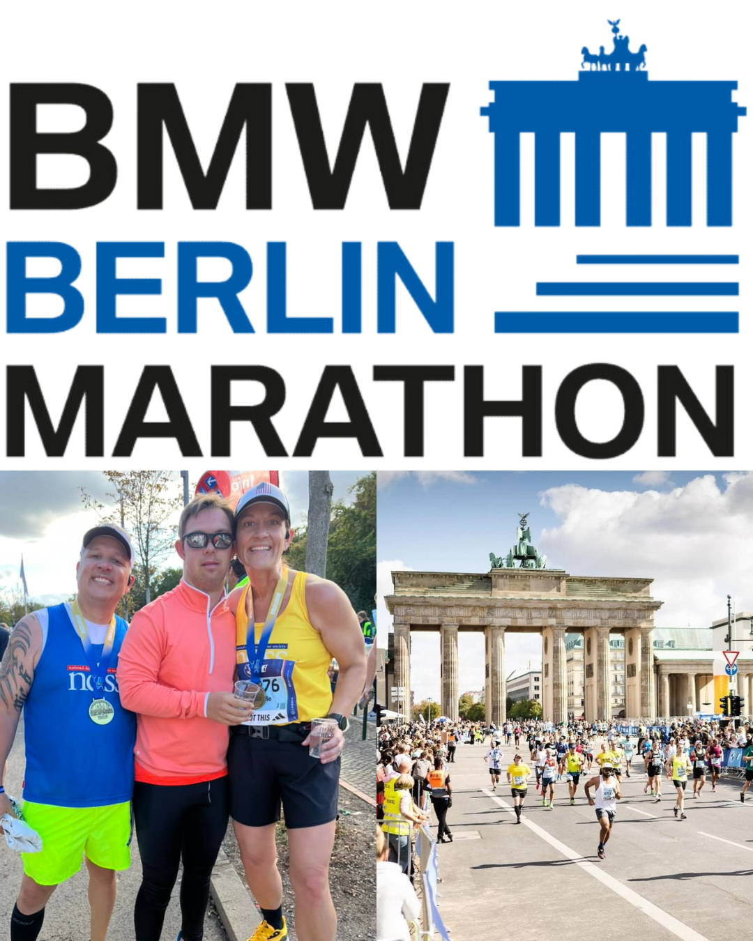 BMW Berlin Marathon logo. Image of three runners for Team NDSS. Image of runners passing through the Brandenburg Gate.