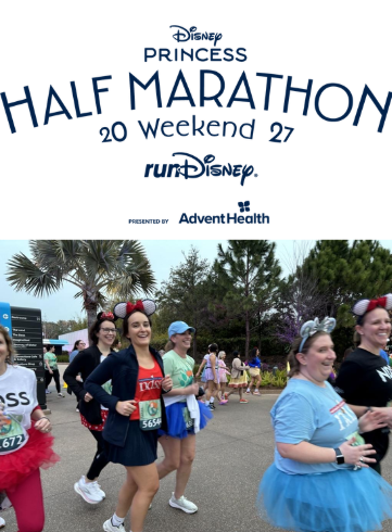 Graphic for the 2027 Disney Princess Half Marathon Weekend, presented by AdventHealth. The top half features the event logo in navy text on a white background, reading "Disney Princess Half Marathon Weekend 27" above the runDisney wordmark and the AdventHealth logo. The bottom half shows a photo of smiling runners wearing race bibs and costumes, including sparkly Minnie Mouse ears and red and blue tutus, as they run along a path lined with palm trees.